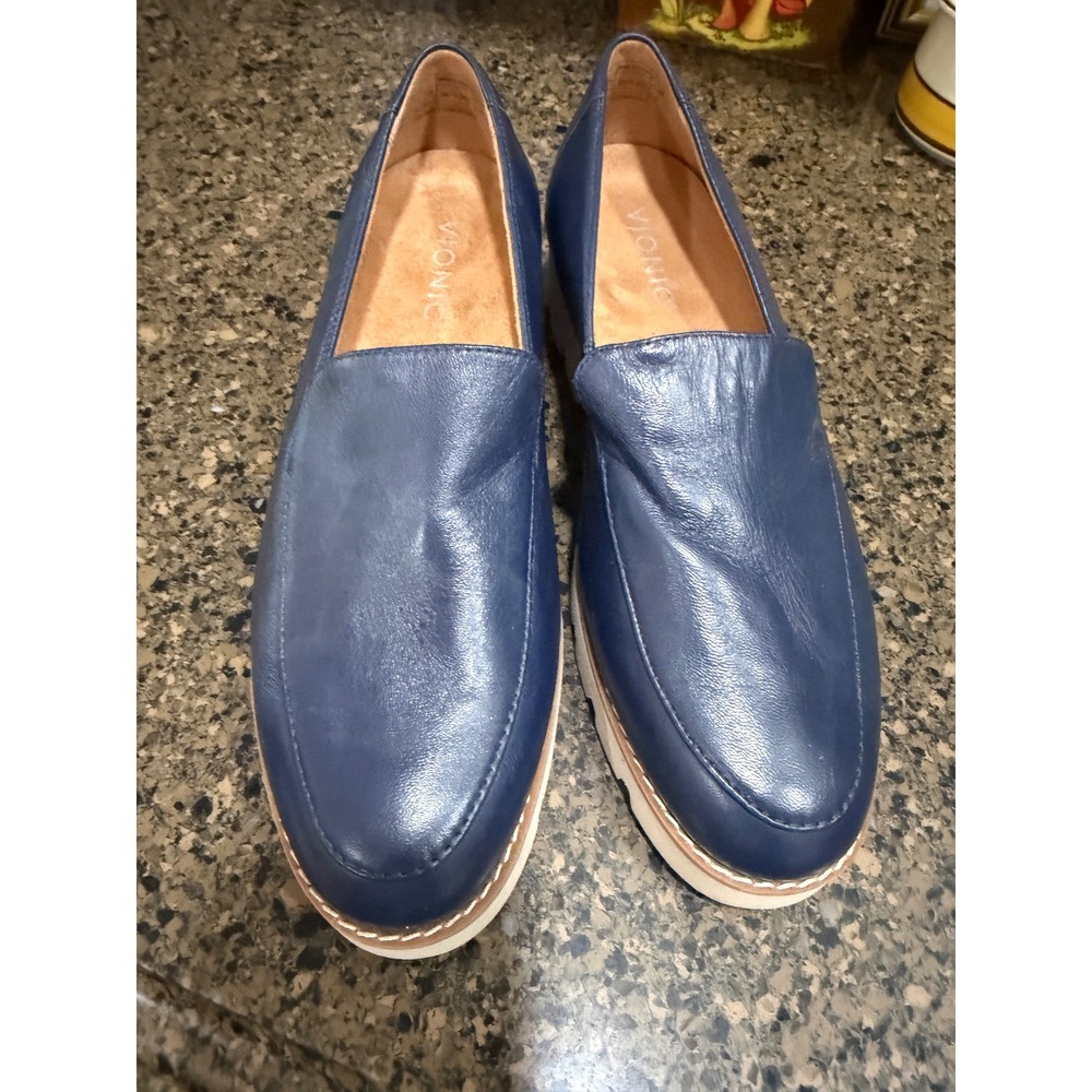 Vionic Kensley Navy Blue Leather Platform Lug Sole Loafers Womens 6.5 Orthotic